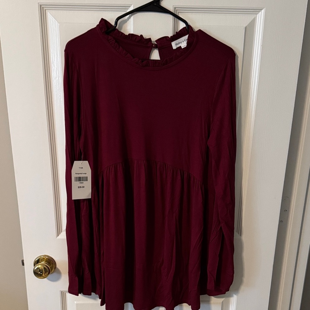 Women's Burgundy Ruffle-Neck Long Sleeve Peplum Top